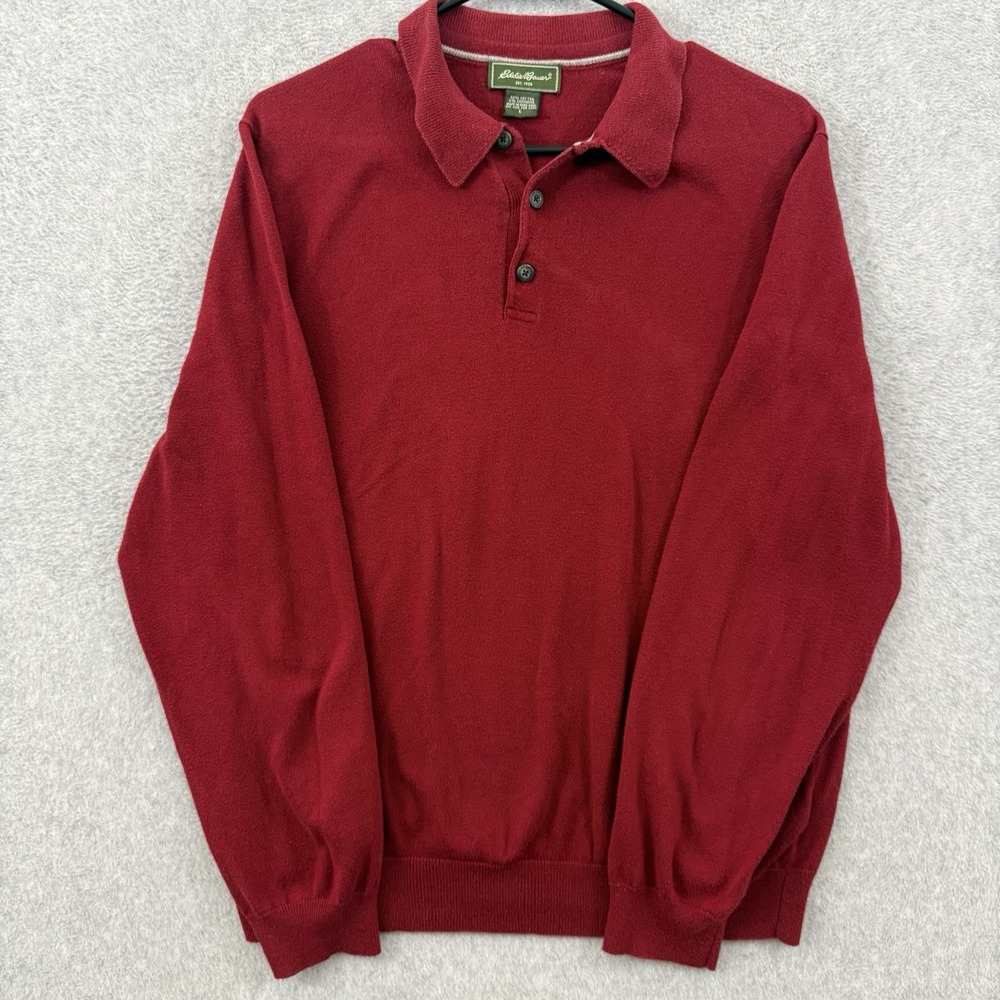 Vintage Eddie Bauer Cotton Cashmere Knit Polo Sweater Red L 90s Y2K